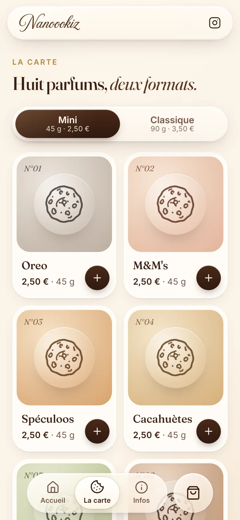 La carte des cookies Nanoookiz sur téléphone