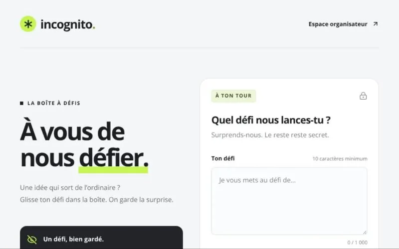 Page d’accueil d’Incognito, la boîte à défis : le titre « À vous de nous défier. » à côté du formulaire pour envoyer un défi.