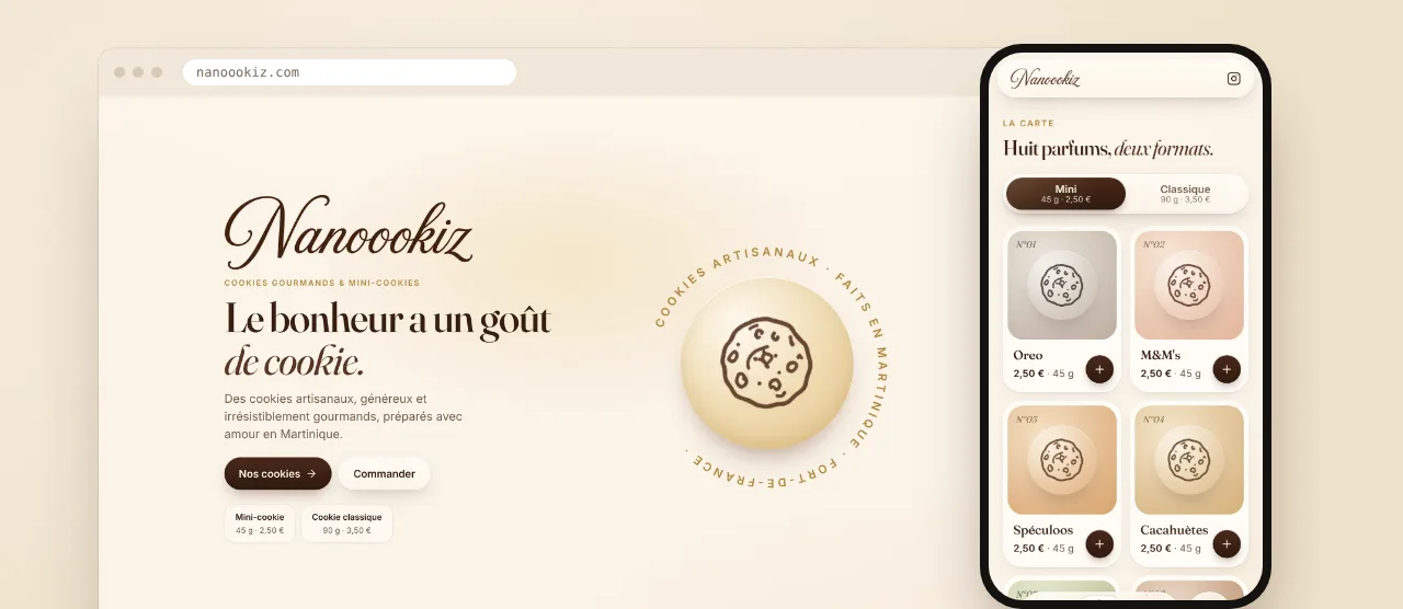 Le site Nanoookiz sur ordinateur et sur téléphone : l’accueil « Le bonheur a un goût de cookie. » et la carte des cookies.