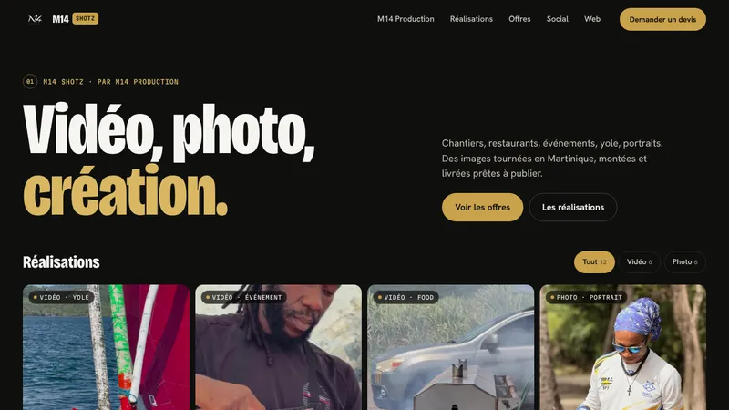 Page M14 Shotz : le titre « Vidéo, photo, création. » au-dessus d’une grille de réalisations.