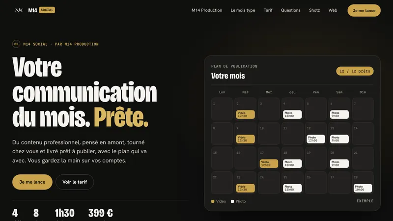 Page M14 Social : le titre « Votre communication du mois. Prête. » à côté d’un plan de publication qui se remplit.